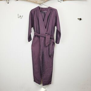 No brand striped button front belted jumpsuit